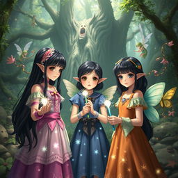 In a magical scene, two girls with long black hair and one girl with a short, tomboy hairstyle come together with enchanting elves, playful fairies, and whimsical monsters