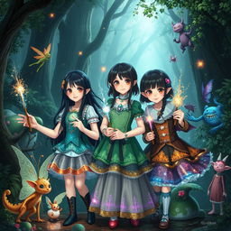 In a magical scene, two girls with long black hair and one girl with a short, tomboy hairstyle come together with enchanting elves, playful fairies, and whimsical monsters