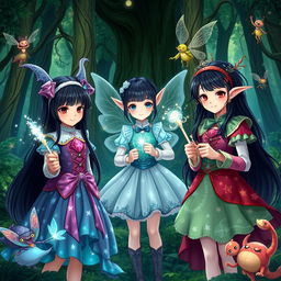 In a magical scene, two girls with long black hair and one girl with a short, tomboy hairstyle come together with enchanting elves, playful fairies, and whimsical monsters