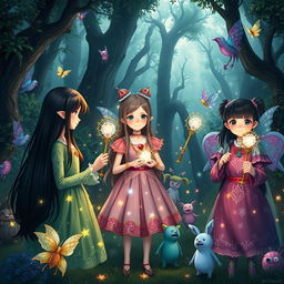 In a magical scene, two girls with long black hair and one girl with a short, tomboy hairstyle come together with enchanting elves, playful fairies, and whimsical monsters