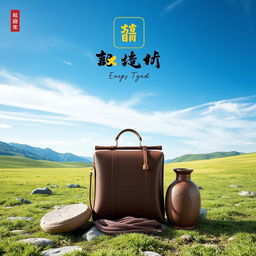 An artistic design that embodies a traditional character, featuring a natural landscape background with an expansive open sky and grassy ground interspersed with rocks