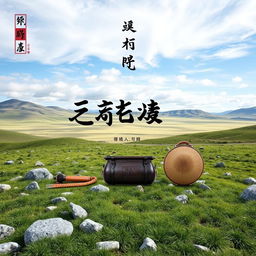 An artistic design that embodies a traditional character, featuring a natural landscape background with an expansive open sky and grassy ground interspersed with rocks