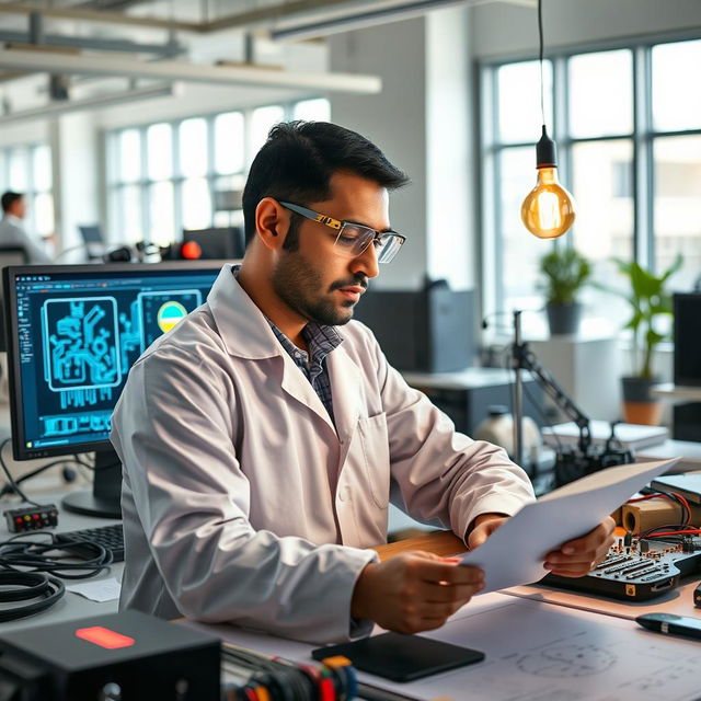 A portrait of an electrical engineer in a modern office setting, wearing safety glasses and a lab coat, surrounded by various electrical engineering tools, circuit boards, and a computer with technical diagrams on the screen