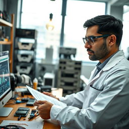 A portrait of an electrical engineer in a modern office setting, wearing safety glasses and a lab coat, surrounded by various electrical engineering tools, circuit boards, and a computer with technical diagrams on the screen