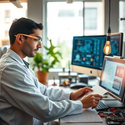 A portrait of an electrical engineer in a modern office setting, wearing safety glasses and a lab coat, surrounded by various electrical engineering tools, circuit boards, and a computer with technical diagrams on the screen