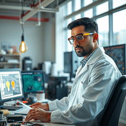 A portrait of an electrical engineer in a modern office setting, wearing safety glasses and a lab coat, surrounded by various electrical engineering tools, circuit boards, and a computer with technical diagrams on the screen