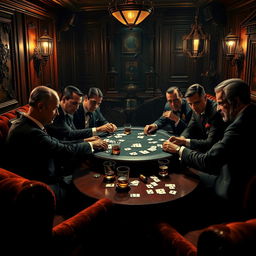 A thrilling depiction of a classic mafia game in a dimly lit, vintage speakeasy, showcasing a group of sharply dressed individuals around a poker table, engaged in a heated card game