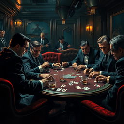 A thrilling depiction of a classic mafia game in a dimly lit, vintage speakeasy, showcasing a group of sharply dressed individuals around a poker table, engaged in a heated card game