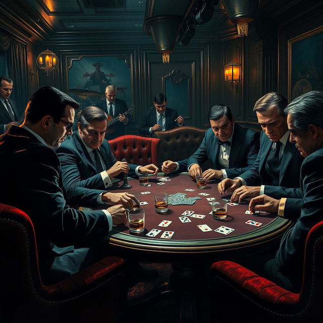 A thrilling depiction of a classic mafia game in a dimly lit, vintage speakeasy, showcasing a group of sharply dressed individuals around a poker table, engaged in a heated card game