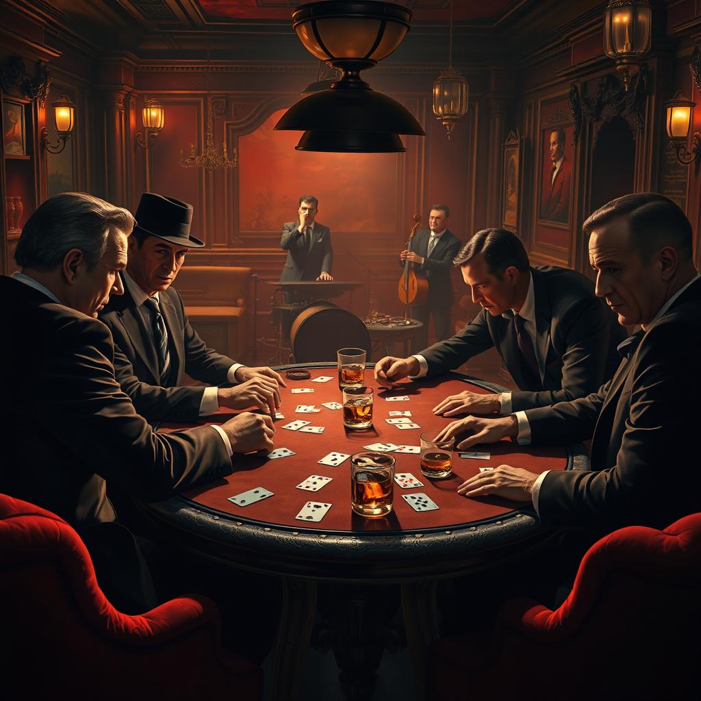 A thrilling depiction of a classic mafia game in a dimly lit, vintage speakeasy, showcasing a group of sharply dressed individuals around a poker table, engaged in a heated card game