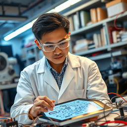 A portrait of an electrical engineer in a modern laboratory, wearing safety goggles and a white lab coat, surrounded by electrical components like wires, resistors, and circuit boards