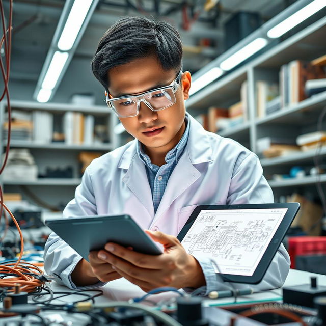 A portrait of an electrical engineer in a modern laboratory, wearing safety goggles and a white lab coat, surrounded by electrical components like wires, resistors, and circuit boards