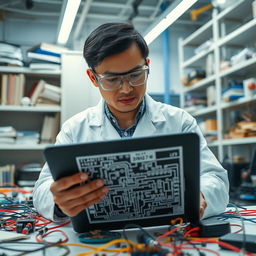 A portrait of an electrical engineer in a modern laboratory, wearing safety goggles and a white lab coat, surrounded by electrical components like wires, resistors, and circuit boards
