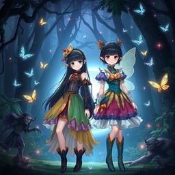 In an enchanting scene, Leona with her long black hair and Jia sporting a short tomboy hairstyle stand together against a backdrop of a dense, mysterious forest