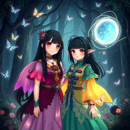 In an enchanting scene, Leona with her long black hair and Jia sporting a short tomboy hairstyle stand together against a backdrop of a dense, mysterious forest