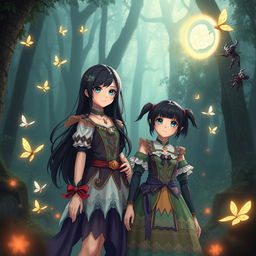 In an enchanting scene, Leona with her long black hair and Jia sporting a short tomboy hairstyle stand together against a backdrop of a dense, mysterious forest