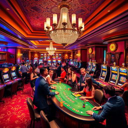 A luxurious casino interior filled with vibrant colors, featuring an elegant chandelier hanging from the ceiling