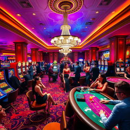 A luxurious casino interior filled with vibrant colors, featuring an elegant chandelier hanging from the ceiling