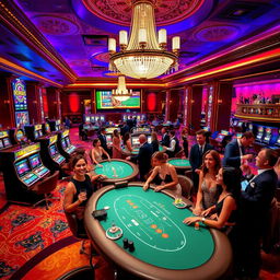 A luxurious casino interior filled with vibrant colors, featuring an elegant chandelier hanging from the ceiling