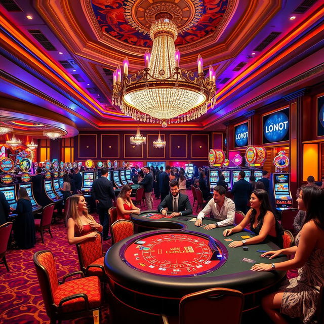 A luxurious casino interior filled with vibrant colors, featuring an elegant chandelier hanging from the ceiling