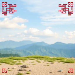 An artistic design that embodies traditional style, featuring a serene natural landscape in the background