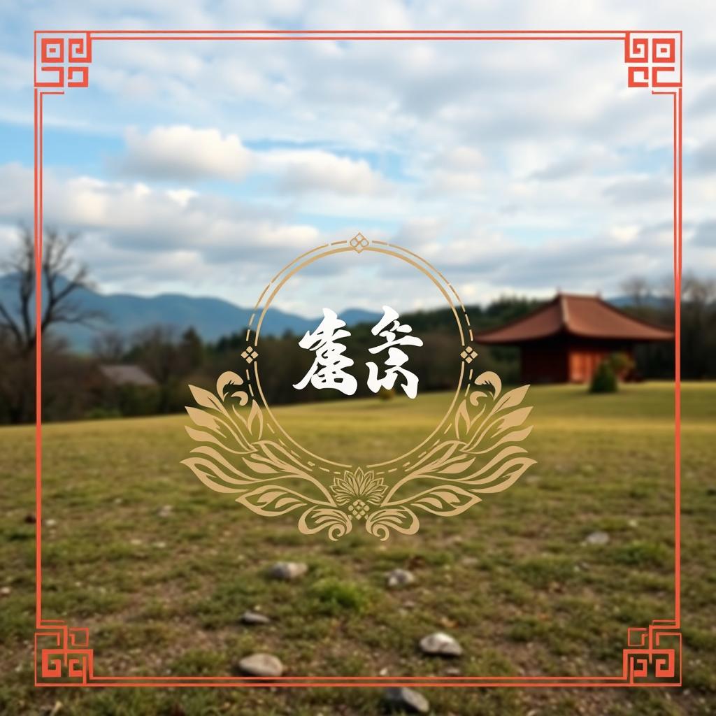 An artistic design that embodies traditional style, featuring a serene natural landscape in the background