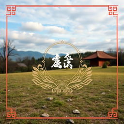 An artistic design that embodies traditional style, featuring a serene natural landscape in the background
