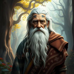 A stunning portrait of a wise, old figure named Eski, featuring a long white beard and tribal markings on his face