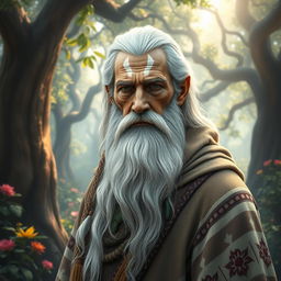 A stunning portrait of a wise, old figure named Eski, featuring a long white beard and tribal markings on his face
