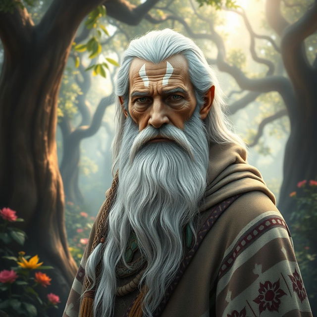A stunning portrait of a wise, old figure named Eski, featuring a long white beard and tribal markings on his face
