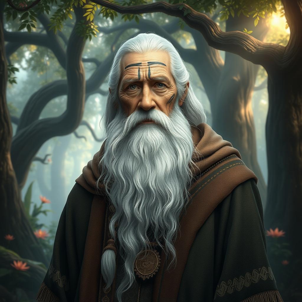 A stunning portrait of a wise, old figure named Eski, featuring a long white beard and tribal markings on his face