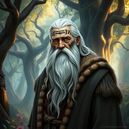 A stunning portrait of a wise, old figure named Eski, featuring a long white beard and tribal markings on his face