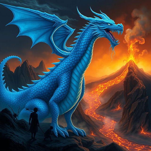 A blue dragon spirit with intricate scales shimmering in various shades of blue, exuding an air of malevolence and mystique