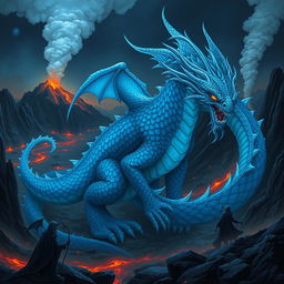A blue dragon spirit with intricate scales shimmering in various shades of blue, exuding an air of malevolence and mystique