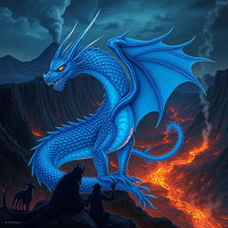 A blue dragon spirit with intricate scales shimmering in various shades of blue, exuding an air of malevolence and mystique