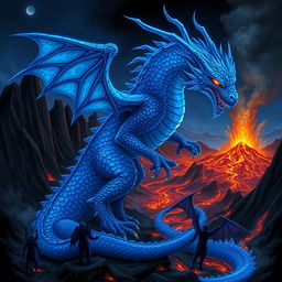 A blue dragon spirit with intricate scales shimmering in various shades of blue, exuding an air of malevolence and mystique