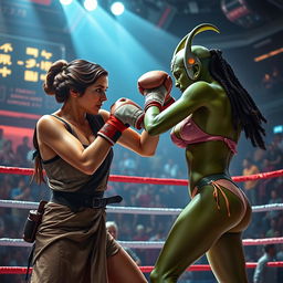 A dynamic and action-packed scene featuring Princess Leia in her iconic slave outfit, going head-to-head in a boxing match against a Twi'lek with vibrant green skin, wearing a revealing bikini