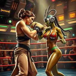 A dynamic and action-packed scene featuring Princess Leia in her iconic slave outfit, going head-to-head in a boxing match against a Twi'lek with vibrant green skin, wearing a revealing bikini