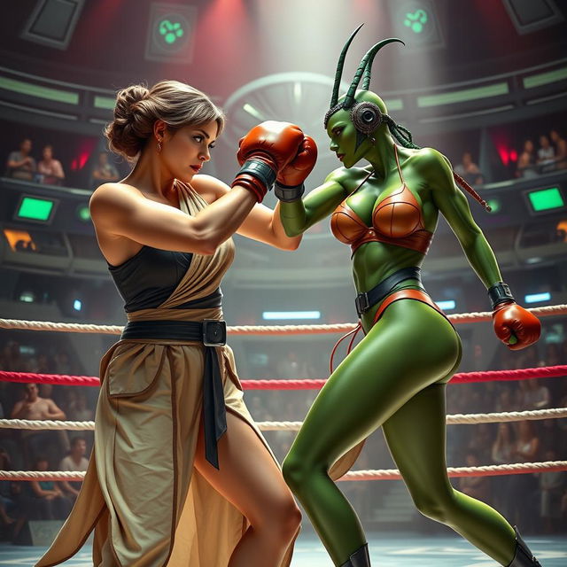 A dynamic and action-packed scene featuring Princess Leia in her iconic slave outfit, going head-to-head in a boxing match against a Twi'lek with vibrant green skin, wearing a revealing bikini