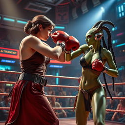 A dynamic and action-packed scene featuring Princess Leia in her iconic slave outfit, going head-to-head in a boxing match against a Twi'lek with vibrant green skin, wearing a revealing bikini