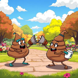 A whimsical cartoon scene depicting a playful and light-hearted battle between anthropomorphic poop characters, each with funny facial expressions and cute accessories, engaged in a hilarious fight