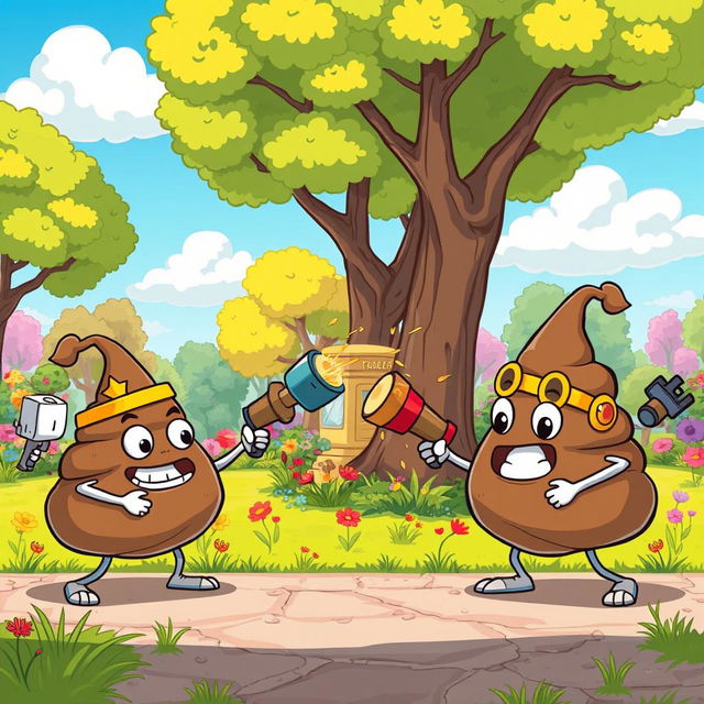 A whimsical cartoon scene depicting a playful and light-hearted battle between anthropomorphic poop characters, each with funny facial expressions and cute accessories, engaged in a hilarious fight