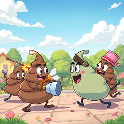 A whimsical cartoon scene depicting a playful and light-hearted battle between anthropomorphic poop characters, each with funny facial expressions and cute accessories, engaged in a hilarious fight