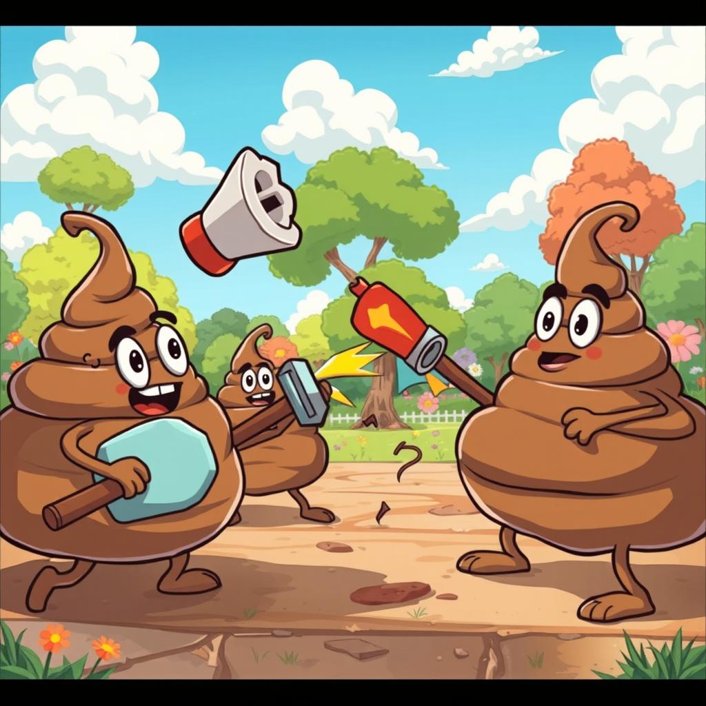 A whimsical cartoon scene depicting a playful and light-hearted battle between anthropomorphic poop characters, each with funny facial expressions and cute accessories, engaged in a hilarious fight