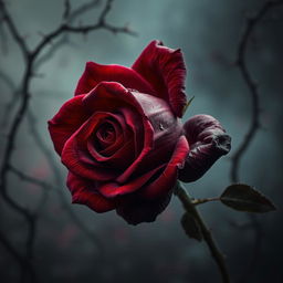 A strikingly beautiful but ominous rose, its petals a deep crimson with hints of dark purple, symbolizing both love and danger