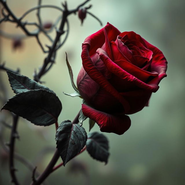 A strikingly beautiful but ominous rose, its petals a deep crimson with hints of dark purple, symbolizing both love and danger