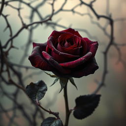 A strikingly beautiful but ominous rose, its petals a deep crimson with hints of dark purple, symbolizing both love and danger