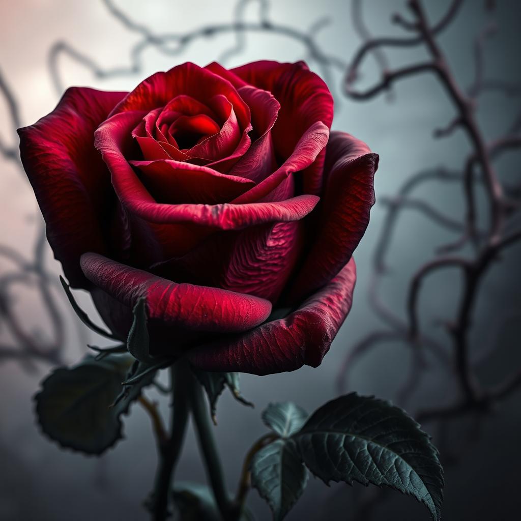 A strikingly beautiful but ominous rose, its petals a deep crimson with hints of dark purple, symbolizing both love and danger