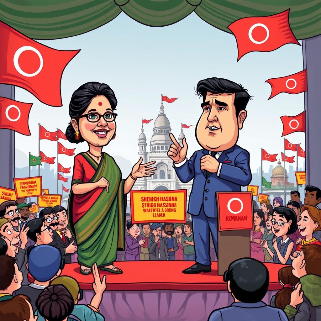 A stylized political cartoon depicting a fictional debate between two prominent political figures, one representing Sheikh Hasina and the other representing a strong opposing leader