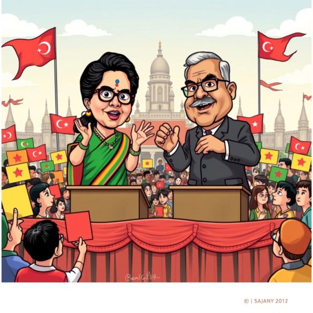 A stylized political cartoon depicting a fictional debate between two prominent political figures, one representing Sheikh Hasina and the other representing a strong opposing leader